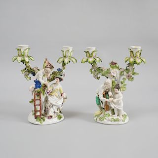  Pair of Meissen Porcelain Figural Two-Light Candelabra