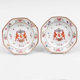 Pair of Chinese Export Porcelain Armorial Octagonal Soup Plates