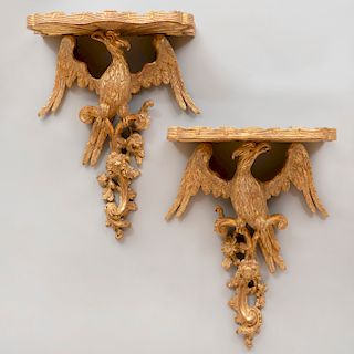 Pair of Continental Giltwood Wall Brackets with Bird Form Supports