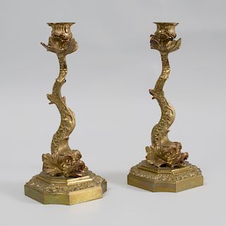 Pair of Regency Gilt-Bronze Dolphin Candlesticks