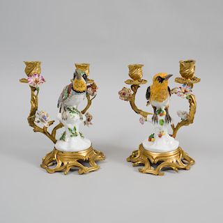 Pair of Louis XV Style Gilt-Metal Mounted Porcelain Two-Light Candelabra