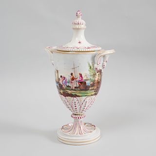 Continental Porcelain Two Handled Vase and Cover with Waterside Scene