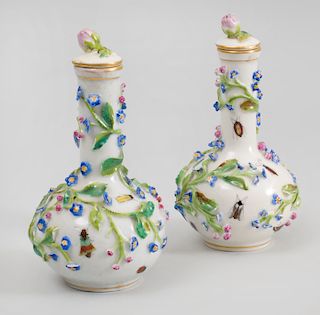 Pair of Continental Flower Encrusted Porcelain Miniature Bottle Vases and Covers