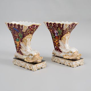 Pair of Paris Porcelain Chinoiserie Decorated Cornucopia Form Vases, in the Style of Jacob Petit