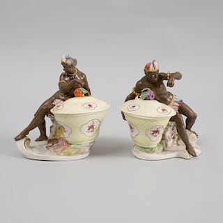 Pair of Nymphenburg Porcelain Sweetmeat Baskets and Covers Emblematic of Africa