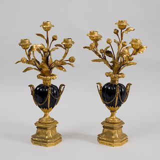 Pair of Louis XVI Style Gilt and Patinated-Bronze Three-Branch Candelabra