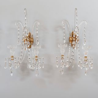Pair of English Cut Glass and Lacquered Brass Two-Light Wall Lights