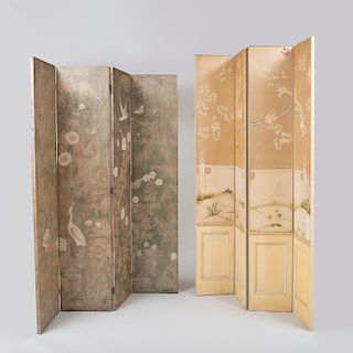 Two Polychrome Decorated Four-Panel Folding Screens