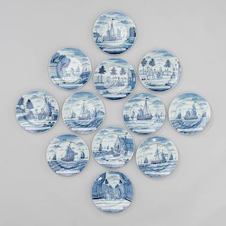 Set of Twelve Blue and White Delft 'Herring Fishing' Plates, Designed by Justus Brouwer