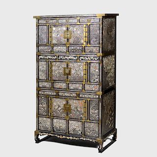 Korean Brass-Mounted and Nacre Inlaid Three Tier Chest