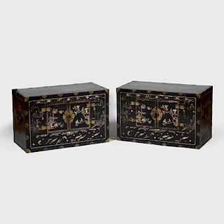 Pair of Chinese Brass-Mounted and Nacre Inlaid Tanzu