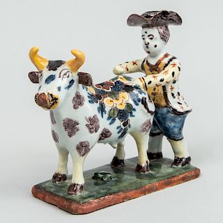 Dutch Polychrome Delft Small Group of a Man and Cow