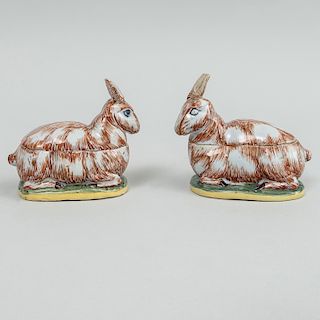 Near Pair of  Dutch Polychrome Delft Animal Form Boxes and Covers 