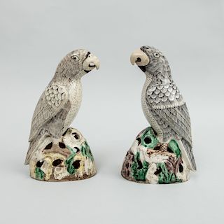 Near Pair of Chinese Export Famille Verte and Biscuit Porcelain Parrots