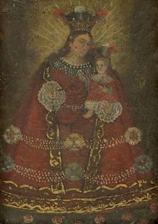 19th Century South American Painted Icon on Wood "Madonna and Child"