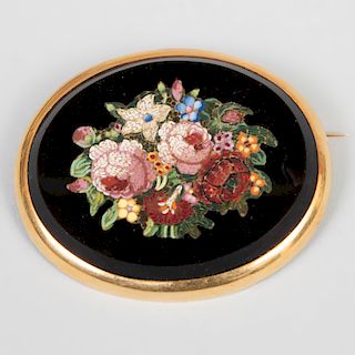 18k Gold and Onyx Micro Mosaic Floral Brooch