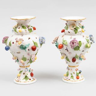 Pair of Meissen Porcelain Fruit and Flower Encrusted Vases