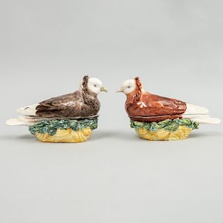 Pair of Continental Porcelain Pigeon Form Boxes and Covers