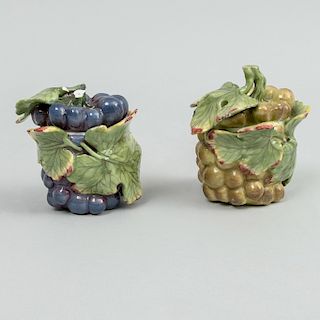 Pair of Continental Porcelain Grape Form Pots and Covers