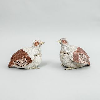 Pair of Continental Porcelain Quail Form Boxes and Covers