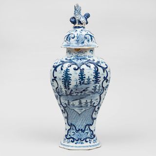 Blue and White Dutch Delft Vase and Cover