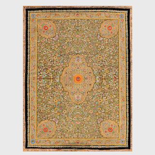 Indian Gold Thread Embroidered Velvet and Hardstone Rug, Mughal Style