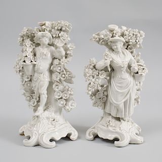 Pair of Plymouth (Hard Paste) White Glazed Porcelain Candlestick Figures of a Gardner and Companion