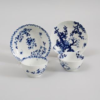Two Worcester Blue and White Porcelain Teabowls and Saucers