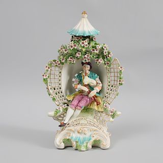 Chelsea Derby Porcelain Figure of a Bagpiper Seated Beneath a Chinoiserie Arbor