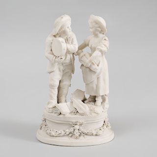 French Biscuit Porcelain Figure Group of Youth with Tambourine and Girl with Hurdy Gurdy