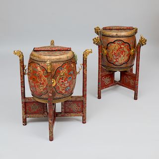 Pair of Chinese Red Lacquer and Parcel-Gilt Drum Form Tables, with Stands