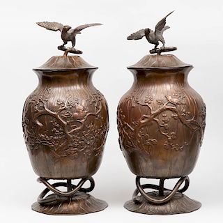 Two Large Japanese Cast Mixed Metal Covered Urns