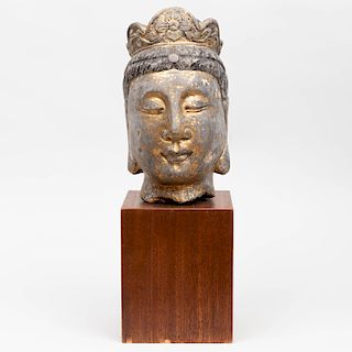 Chinese Polychrome and Parcel-Gilt Stone Head of Guanyin