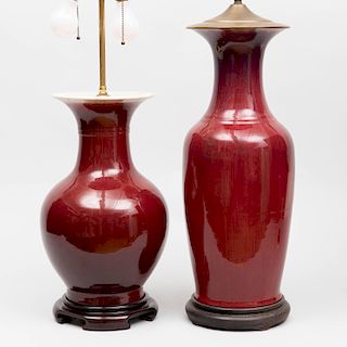 Two Chinese Copper Red Glazed Porcelain Vases, Mounted as Lamps