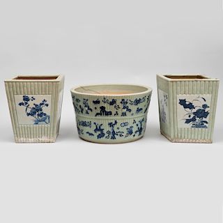 Three Chinese Celadon Glazed Porcelain Faux Bamboo Planters
