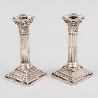 Pair of Edward VII Silver Columnar Candlesticks