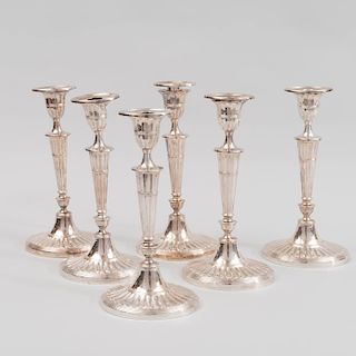 Set of Six English Silver Plated Candlesticks, in the Adams Style