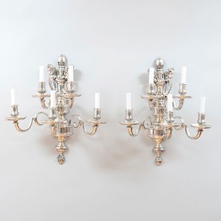 Pair of Silver Plated Five Light Wall Sconces with Cherub Form Terminals