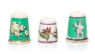 Three Continental Porcelain Thimbles, Height of first 13/16 inch.
