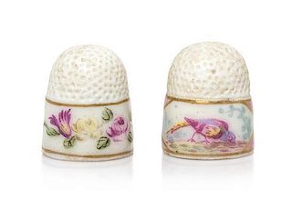 Two Continental Porcelain Thimbles, Height of first 7/8 inch.
