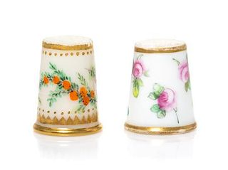 Two English Porcelain Thimbles, Height of first 13/16 inch.