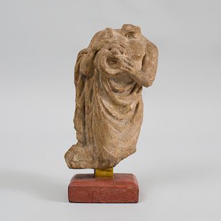 Greco-Roman Style Carved Marble Female Figure Holding a Mask Head