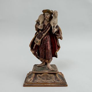 Contintental Baroque Painted and Parcel-Gilt Crèche Figure of a Shepherd