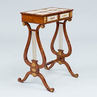 Fine Regency Gilt-Metal-Mounted Tulipwood and Porcelain Work Table