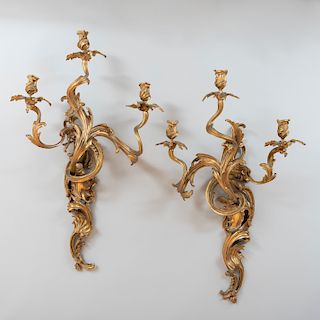 Pair of Large Louis XV Style Three-Light Ormolu Sconces