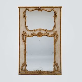 Italian Rococo Cream Painted and Parcel Gilt Carved Trumeau Mirror, Possibly Louis XV