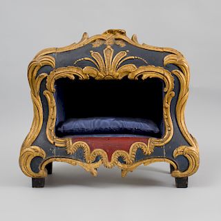 Italian Rococo Carved Painted and Parcel-Gilt Oak Dog Bed
