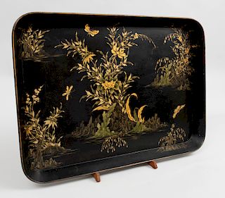 Victorian Black Lacquer and Parcel-Gilt Tray, in the Manner of Clay