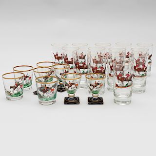 Collection of Twenty-Two Enamel Decorated ‘Hunting’ Scene Glasses, Probably Retailed by Abercrombie & Fitch