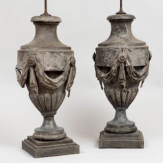 Pair of Large Zinc Urns, Mounted as Lamps